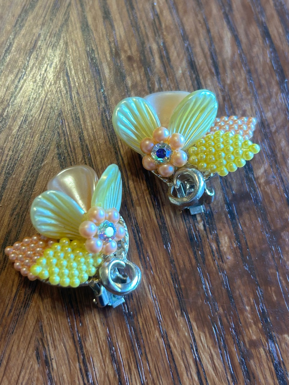 Vintage Yellow Pink Beaded Floral Cluster Clip On Earrings